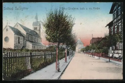 AK Salzgitter, Schul-Strasse mit kath. und ev. Kirche