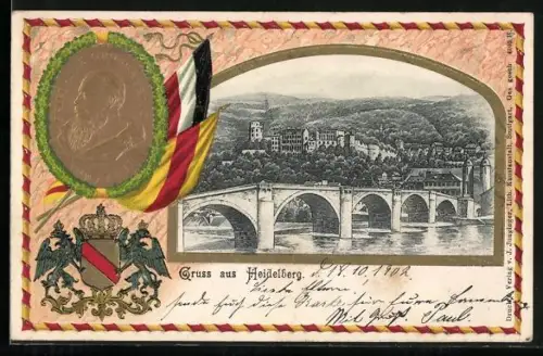 Präge-AK Heidelberg, Blich auf das Schloss mit Brücke, Wappen, Fahnen und Friedrich Grossherzog von Baden