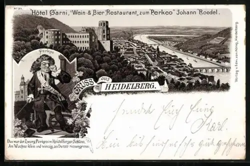 Vorläufer-AK Heidelberg, 1893, Hotel Hotel Garni und Restaurant zum Perkeo, Der Zwerg Perkeo