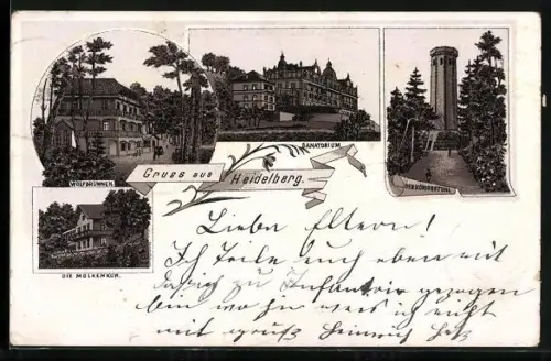 AK Heidelberg, Partien am Sanatorium, Königsstuhl und Wolfbrunnen