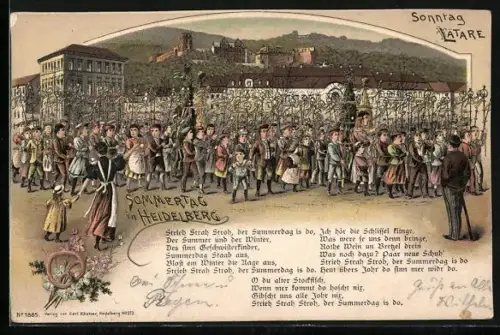 Lithographie Heidelberg, Prozession auf dem Marktplatz, Sonntag Lätare