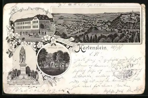 Lithographie Hartenstein / Sachsen, Paul Fleming Denkmal, Hotel Rathskeller, Ortsansicht
