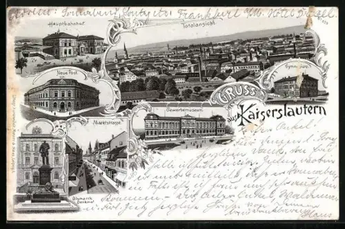 Lithographie Kaiserslautern, Neue Post, Hauptbahnhof, Marktstrasse