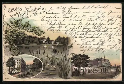Lithographie Bad Nauheim, Partien am Teichhaus, der Parkstrasse und dem Kurhaus