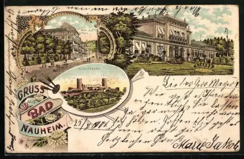 Lithographie Bad Nauheim, Partien am Münzberg, Kurhaus und Strasse im Ort