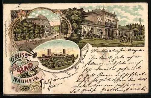 Lithographie Bad Nauheim, Partien am Kurhaus, dem Münzberg und Strasse der Ortschaft