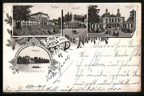 AK Bad Nauheim, Blick auf das Kurhaus, Teichhaus und Sprudel