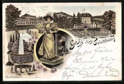 Lithographie Bad Nauheim, Gasthof Teichhaus, Kurhaus, Sprudel, Ansicht vom Wasser aus