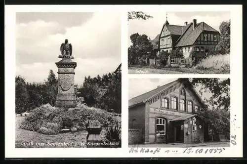 AK Seelenfeld i. W., Blick auf Kriegerdenkmal, Gasthof Zur Linde und die Schule