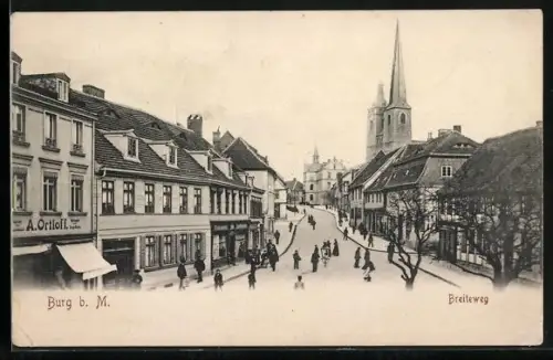AK Burg b. M., Strassenpartie am Breiteweg mit Geschäften