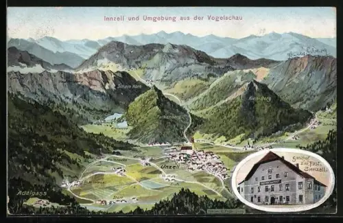 Künstler-AK Eugen Felle: Innzell, Gasthof zur Post, Ortsansicht aus der Vogelschau mit Umgebung