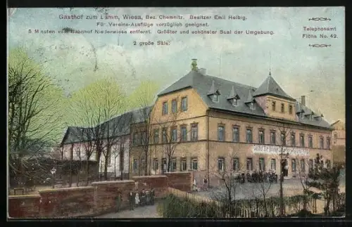 AK Wiesa bei Chemnitz, Gasthof zum Lamm E. Helbig mit Strasse und Garten