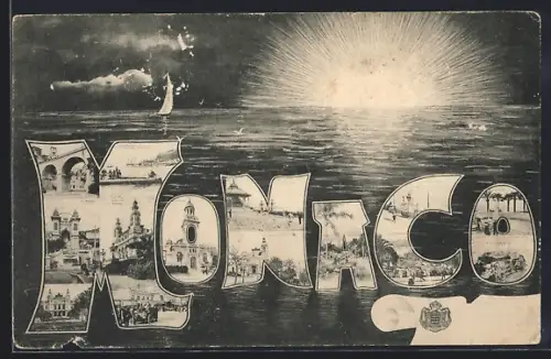 AK Monaco, Gebäudeansichten in Buchstaben bei Sonnenuntergang