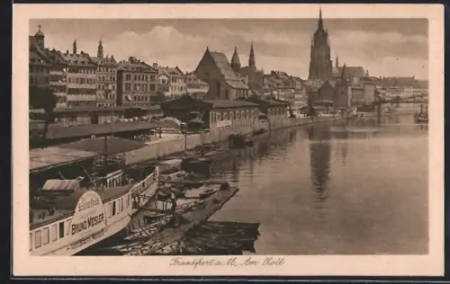 AK Alt-Frankfurt, Am Holz, Mainufer, Dom, Dampfer Bruno Mosel