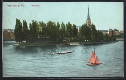 AK Frankfurt-Sachsenhausen, Main-Insel, Kirche, Ruderboot, Segelboot