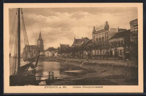 AK Emmerich a. Rh., Untere Rheinpromenade, Hotel Kaiserhof, Kirche, Schiffe