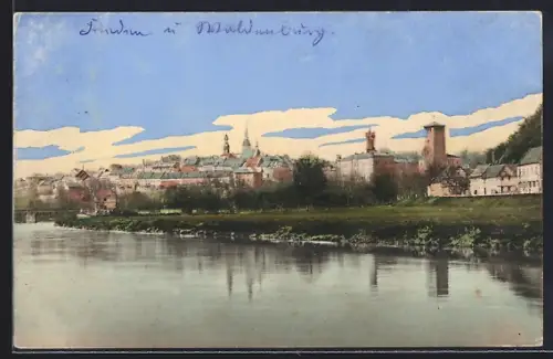 AK Waldenburg i. Sa., Stadtansicht, Fluss, Türme, Kirche