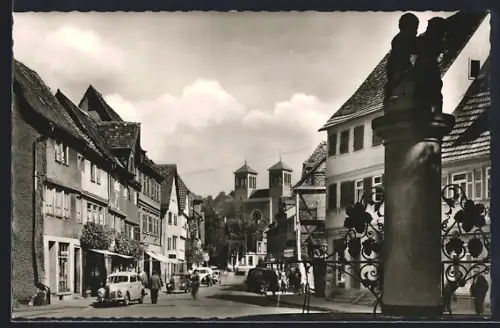 AK Bensheim a. d. B., Strassenansicht mit Kirche und Brunnen