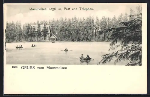 Lithographie Mummelsee, Seeansicht, Post und Telefon, Ruderboote