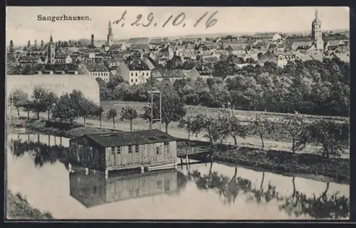 AK Sangerhausen, Stadtansicht mit Fluss und Bootshaus