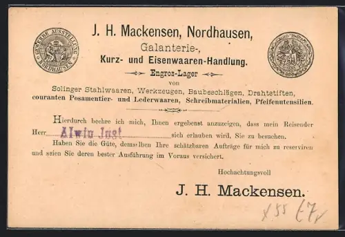 AK Nordhausen, J. H. Mackensen Galanterie-, Kurz- und Eisenwaaren-Handlung