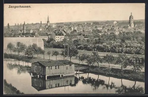 AK Sangerhausen, Stadtansicht mit Fluss und Bootshaus