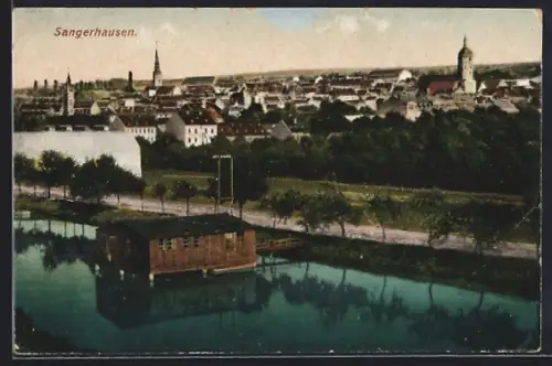 AK Sangerhausen, Stadtansicht mit Teich und Kirche