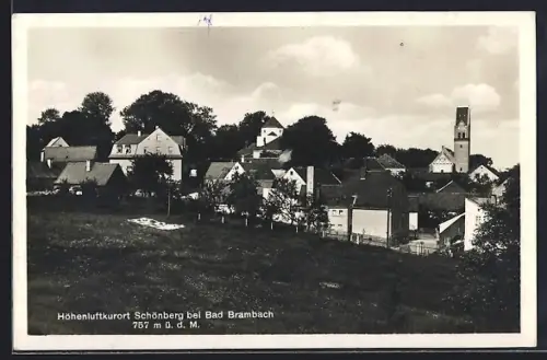 AK Schönberg bei Bad Brambach, Ortsansicht mit Kirche und Kurhäusern