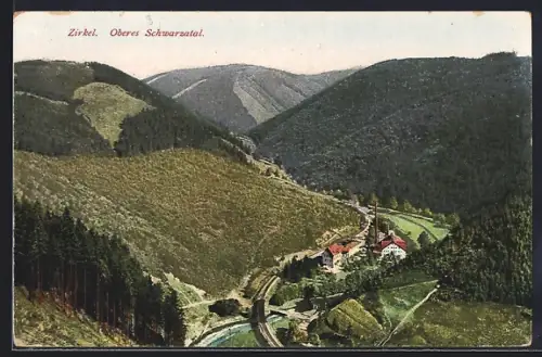 AK Zirkel, Oberes Schwarzatal, Talblick, Bahnlinie, Kirche