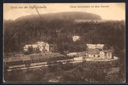 AK Rentschmühle /Vogtl. Schweiz, Eisenbahnstation mit Personenzug, Hotel Steinicht