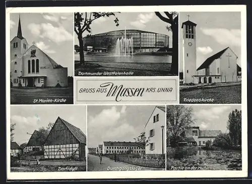 AK Massen /Unna, Dortmunder Westfalenhalle, St. Marien-Kirche, Friedenskirche, Dorfidyll, Partie an der Mühle
