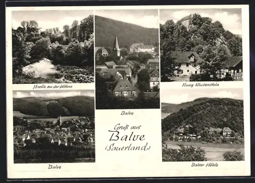 AK Balve /Sauerland, Partie an der Höhne, Balver Höhle, Burg Klusenstein
