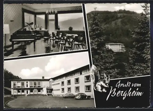 AK Mühlenrahmede /Westf., Bergheim Mühlenrahmede, Aussenansicht, Saal mit Piano