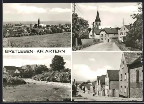 AK Bretleben /Artern, Ortspartie mit Kirche, Strassenpartie mit Wohnhäusern, Brücke über Fluss