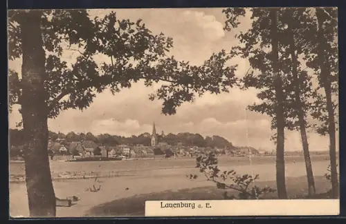 AK Lauenburg a. E., Stadtansicht mit Kirche und Elbufer