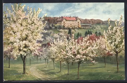 Künstler-AK Heidelberg, Kohlhof Hotel, Inh. Adolf Hartwig, blühende Obstbäume