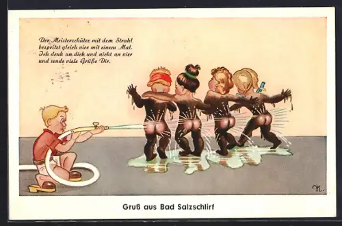 AK Bad Salzschlirf, Kinder beim Moorbad, humoristische Darstellung
