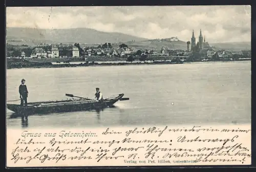 AK Geisenheim, Stadtansicht, Rheinufer, Kirche