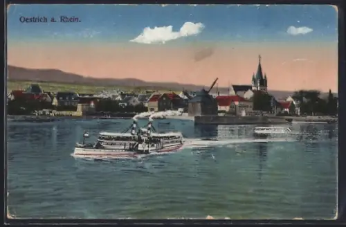 AK Oestrich a. Rhein, Dampfschiff, Rhein, Kirche