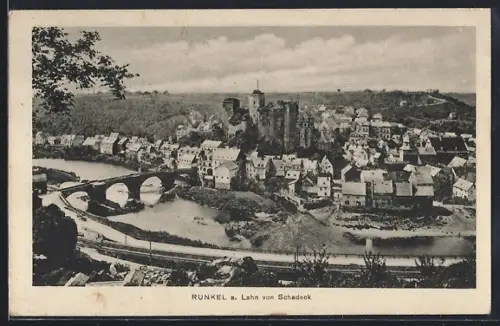 AK Runkel a. Lahn, Blick von Schadeck, Burg, Lahnbrücke, Ortsansicht