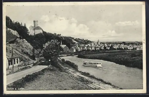 AK Dehrn a. Lahn, Schloss, Ortsansicht, Lahn mit Ausflugsboot