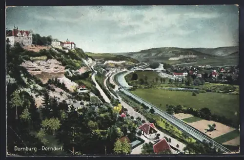 AK Dornburg-Dorndorf, Blick auf Schloss, Bahnlinie, Saaletal