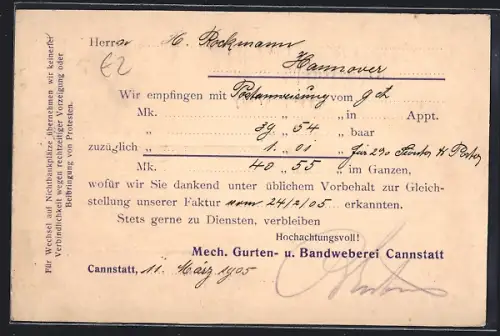 AK Cannstatt, Korrespondenzkarte Mech. Gurten- u. Bandweberei Cannstatt, Quittung 1905