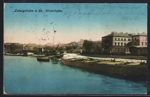 AK Ludwigshafen a. Rh., Winterhafen, Schiffe, Uferbebauung