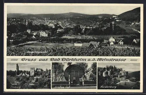 AK Bad Dürkheim a. d. Weinstrasse, Gesamtansicht, Limburg, Grosses Fass, Hardenburg
