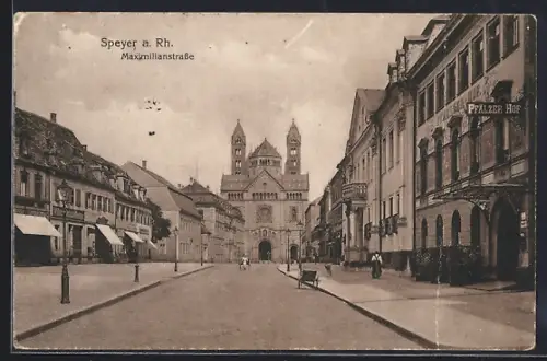 AK Speyer a. Rh., Maximilianstrasse, Dom, Hotel Pfälzer Hof
