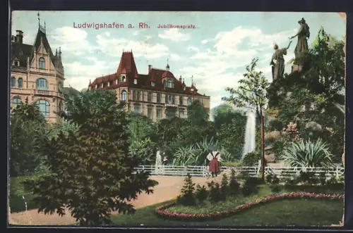 AK Ludwigshafen a. Rh., Jubiläumsplatz, Brunnen, Denkmal