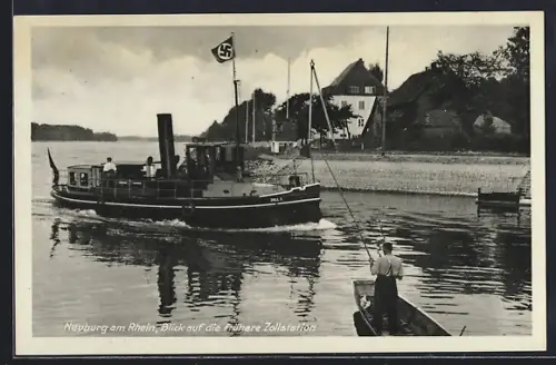 AK Neuburg am Rhein, Frühere Zollstation, Dampfschiff mit -Flagge