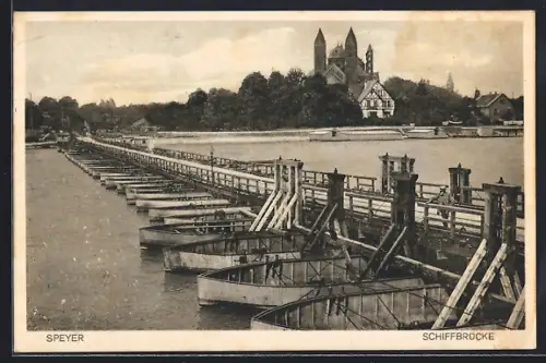 AK Speyer, Schiffbrücke, Dom im Hintergrund