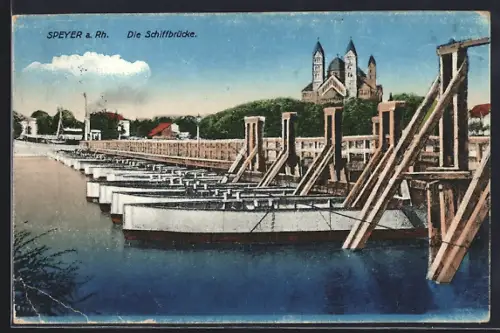 AK Speyer a. Rh., Schiffbrücke, Dom im Hintergrund